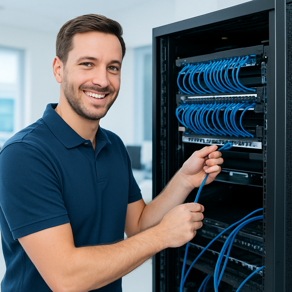 Intercambio technician installing network equipment in an office